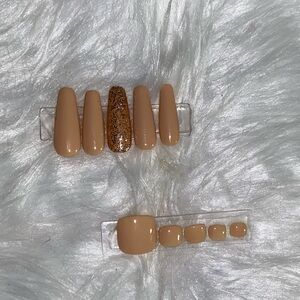 Tan & Gold Mani + Pedi Press on Nail Set| 10pcs Long Ballerina Nails & 20pc Toe